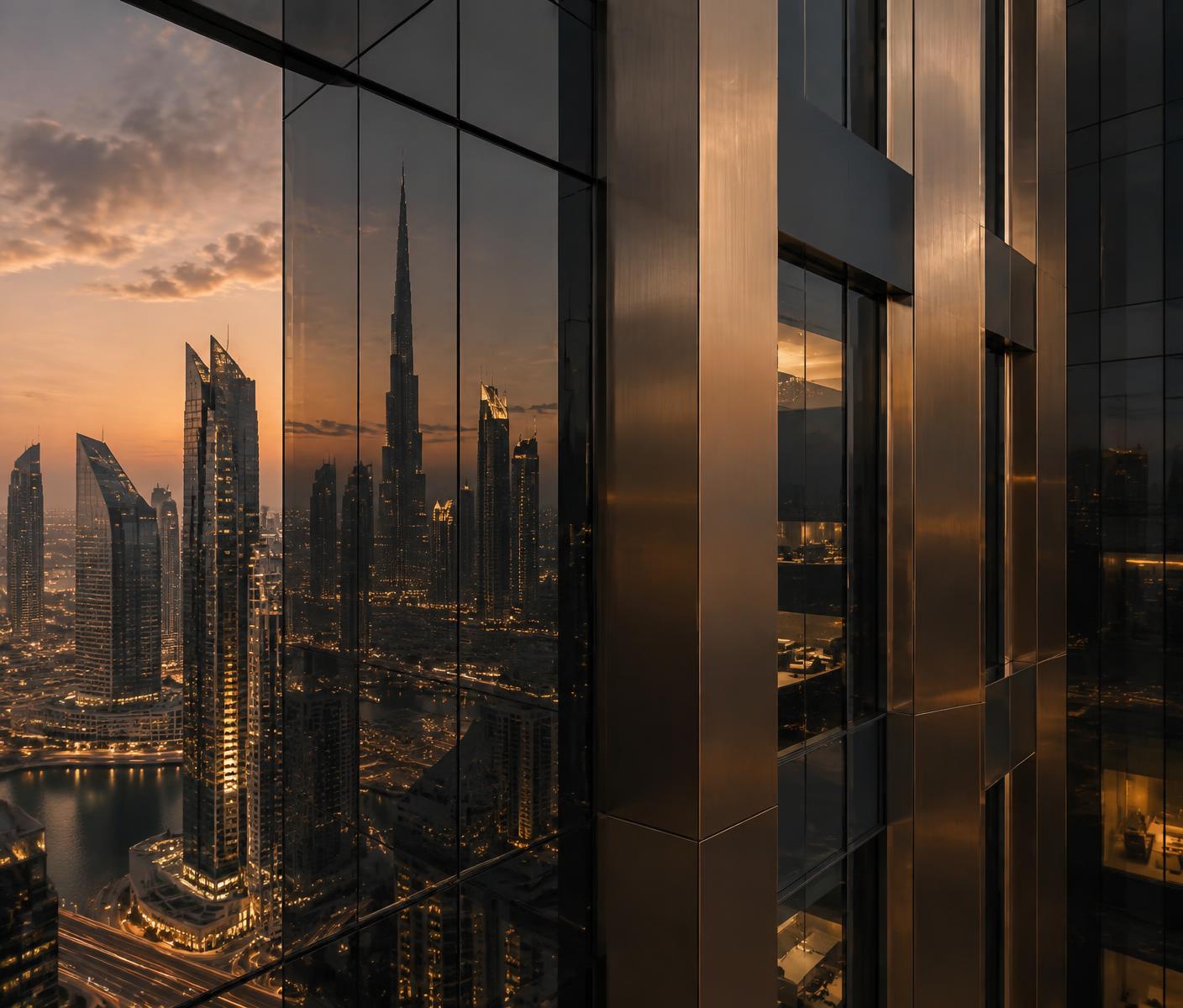 Dubai financial district architecture at dusk